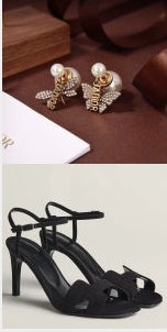 202521798  Bee Earrings and Women Sandals in Black Suede Leather